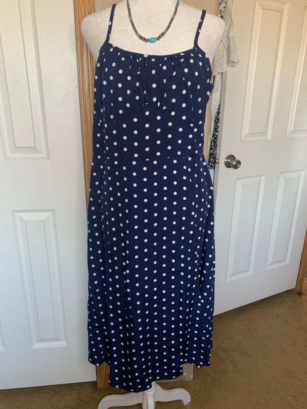 NAVY Polka Dot Midi Dress with Side Slit & Spaghetti Straps - Picture 3 of 7